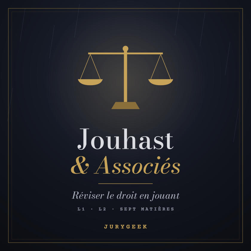 Jouhast & Associés, le jeu de JuryGeek : une balance dorée sur fond de nuit